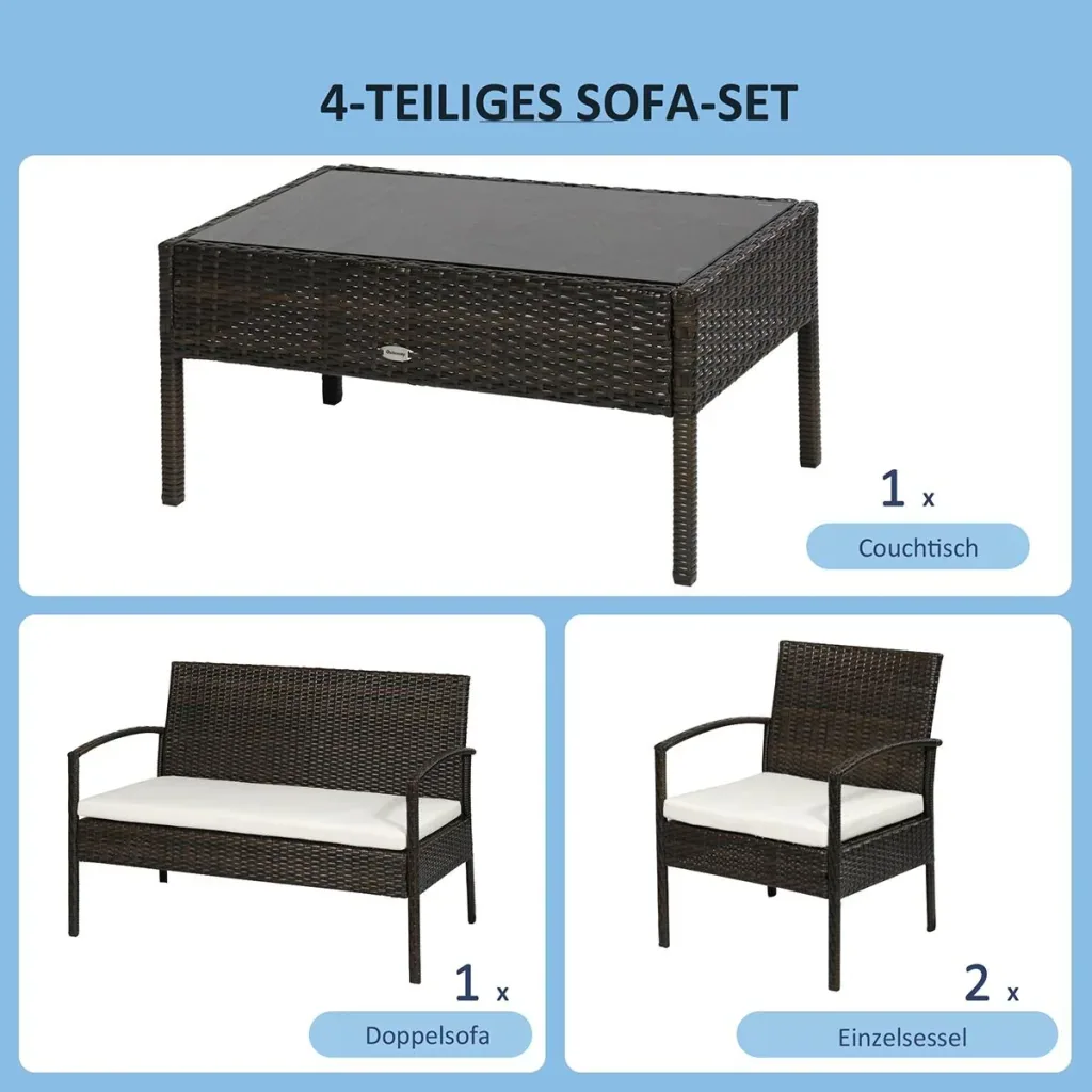 Polyrattan Gartenmöbel Set 4-teiliges Rattensofa-Set Sitzgruppe Sitzgarnitur für Pause Lounge Teetisch mit Sofa Sitzkiss