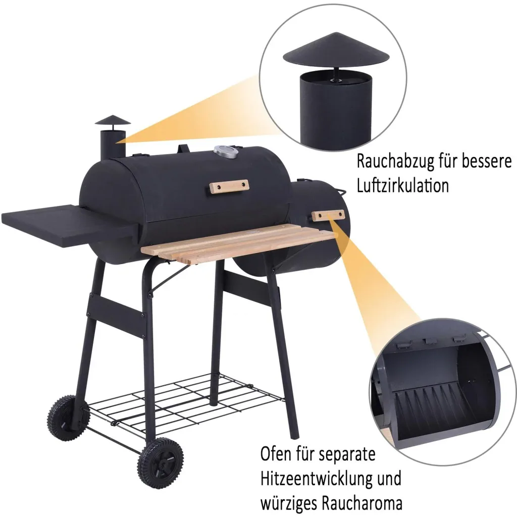 Smoker Grill BBQ Holzkohlengrill Grillwagen mit 2 x Brennkammer Schornstein Schwarz 124 x 53 x 108 cm