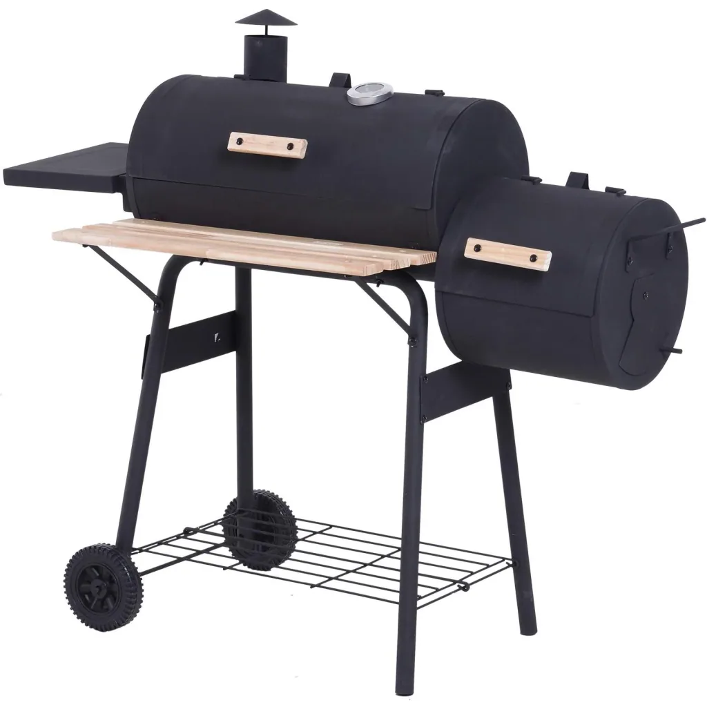 Smoker Grill BBQ Holzkohlengrill Grillwagen mit 2 x Brennkammer Schornstein Schwarz 124 x 53 x 108 cm