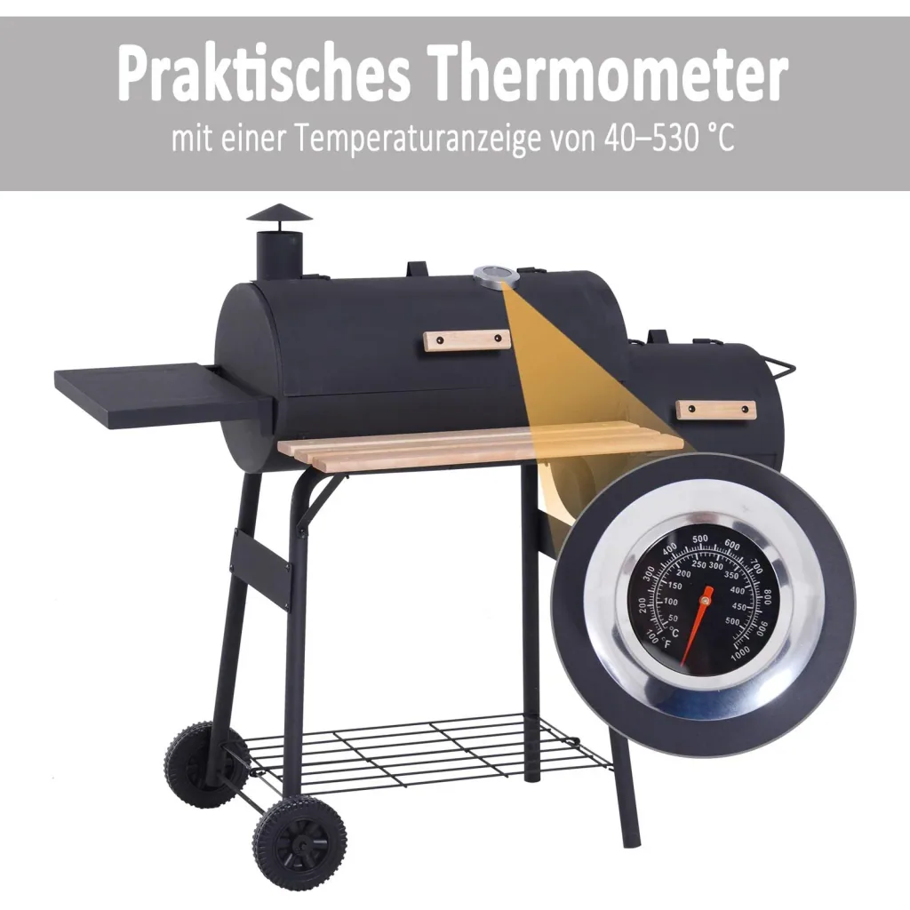 Smoker Grill BBQ Holzkohlengrill Grillwagen mit 2 x Brennkammer Schornstein Schwarz 124 x 53 x 108 cm