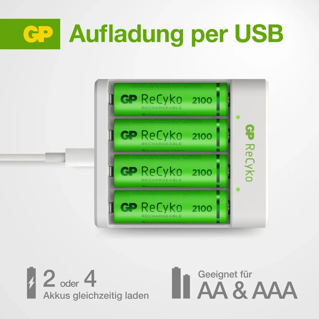 USB Ladegerät für 4 AA / AAA NiMH Akkus inklusive 4 Stück ReCyko Mignon (AA) NiMH Akkus mit 2100 mAh