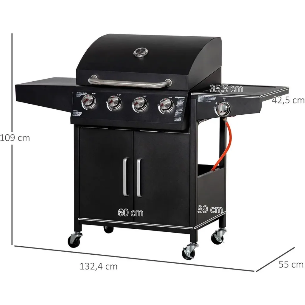 Gasgrill - 4 Brenner - 1 Seitenbrenner - Schwarz - 132 x 55 x 109 cm