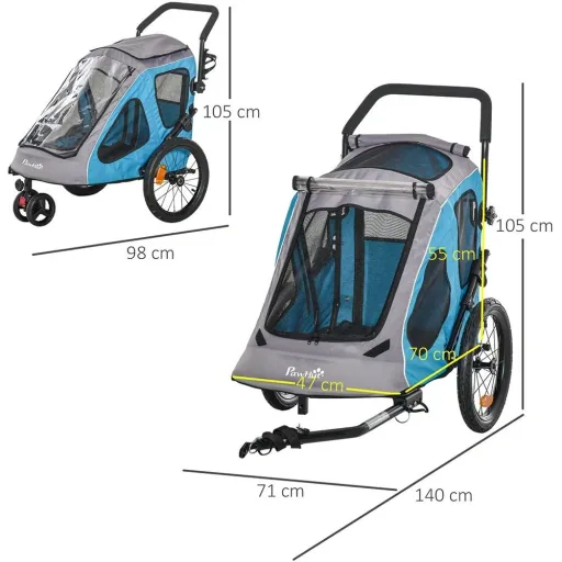 Fahrradanhänger für Hunde blau, grau, schwarz