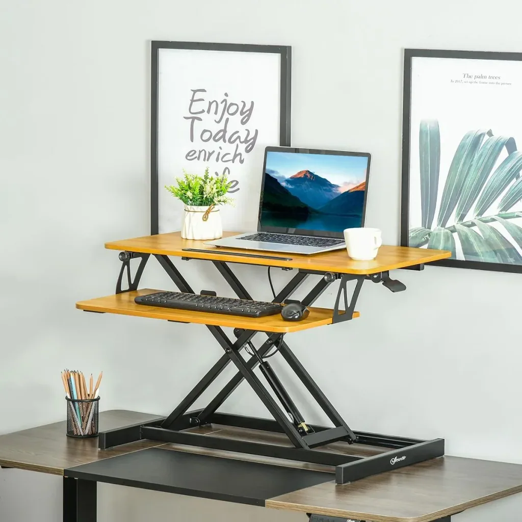 Sitz-Steh-Schreibtisch Steharbeitsplatz Stehpult Monitorständer Höhenverstellbar Stahl MDF Natur 80 x 40 x 13,5-51 cm