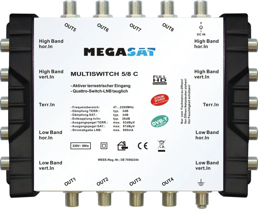 Multischalter 17/8 C - Erweiterbares System. Geeignet für 4 Satelliten bis zu 8 Teilnehmer pro Multischalter