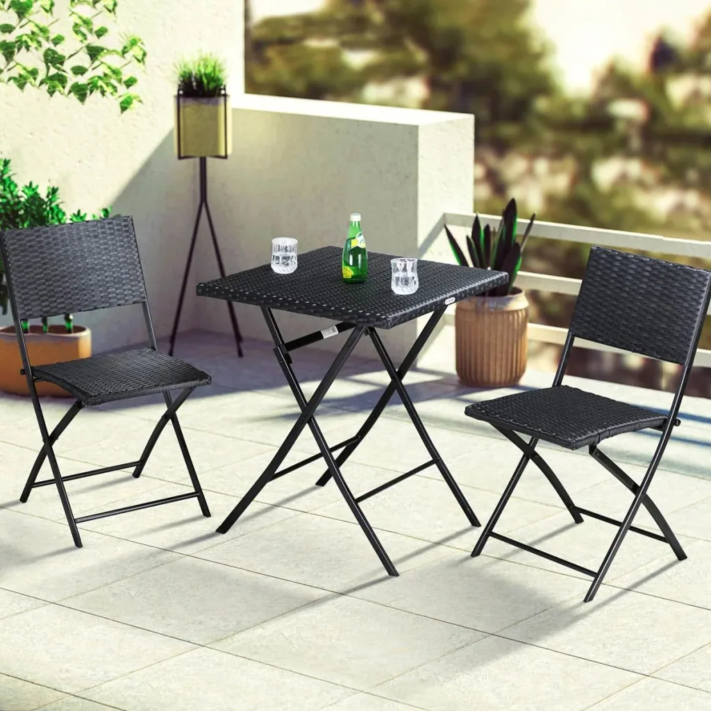 3 Stück Garten-Set - Tisch, Klappstühle - Polyrotan - Schwarz