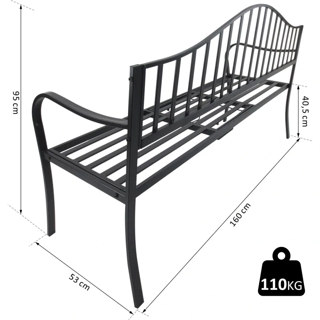 Gartenbank 2 Sitzer Sitzbank Parkbank Metallbank Bankauflage mit Armlehne mit Klappbeistelltisch Schwarz 160 x 53 x 95 c