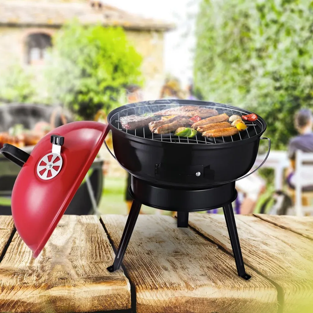 Kugelgrill Holzkohlegril Windschutz Dreibeinfuß Camping Picknick tragbar Metall Rot+Schwarz Ø36,5 x 54 cm Holzkohlegrill