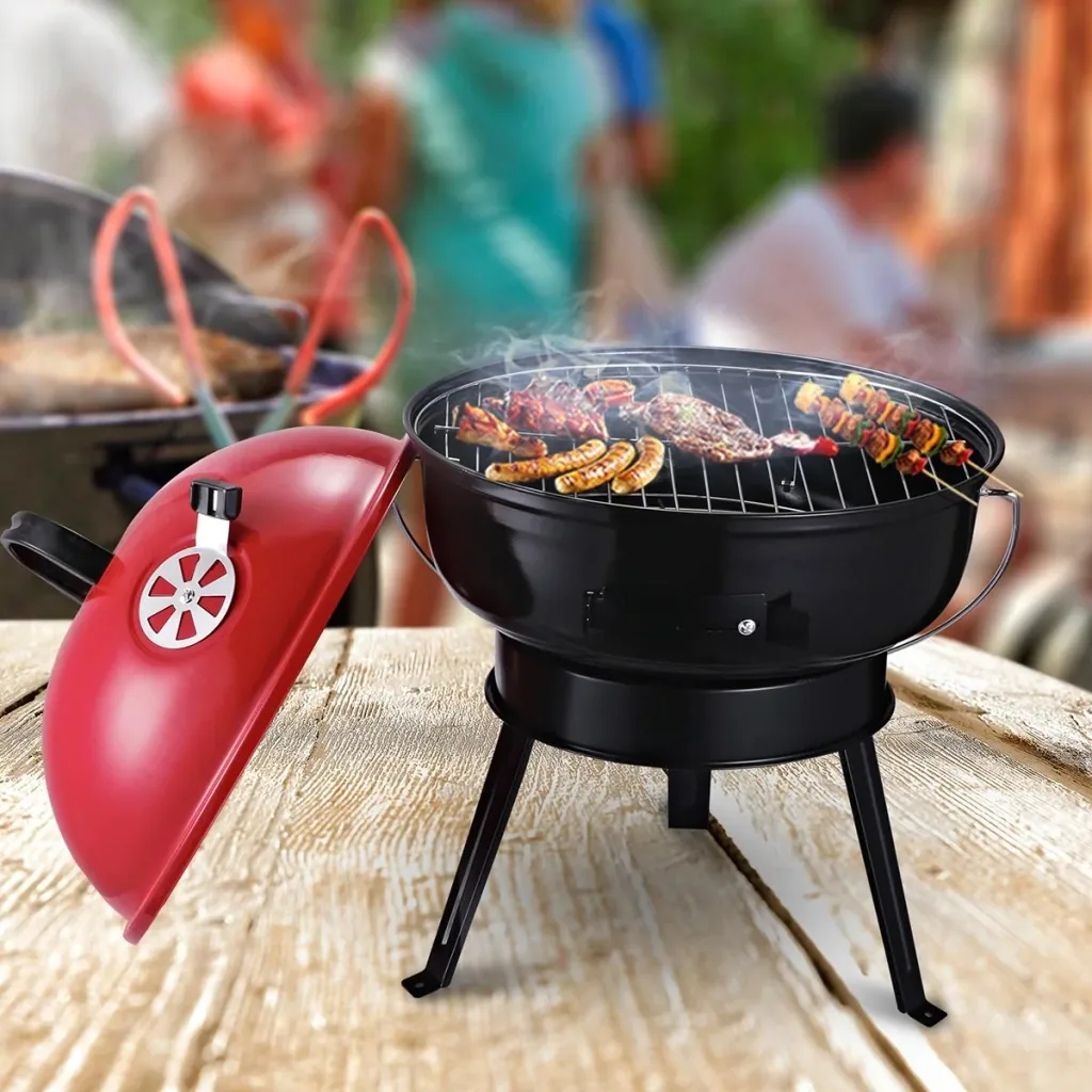 Kugelgrill Holzkohlegril Windschutz Dreibeinfuß Camping Picknick tragbar Metall Rot+Schwarz Ø36,5 x 54 cm Holzkohlegrill