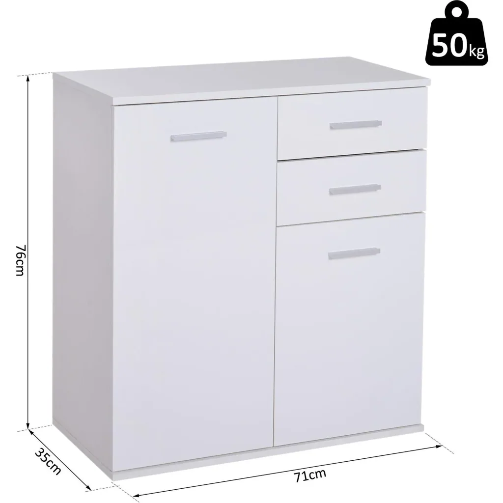 Kommode Standschrank Sideboard Schubladenkommode Beistellschrank verstellbar Fach mit 2 Schubladen Weiß 71 x 35 x 76 cm