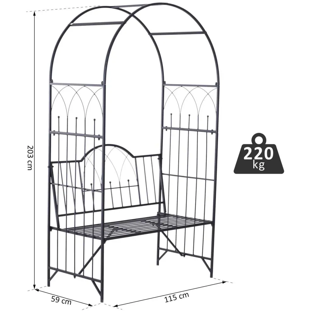 Rosenbogen mit Bank Rosenbank Laubenbank Philosophenbank Gartenbank Metall Schwarz 115 x 59 x 203 cm
