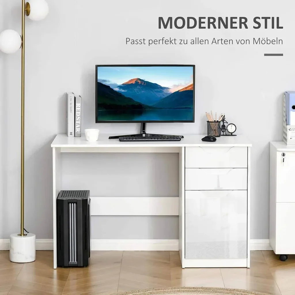 Schreibtisch Computertisch mit 2 Schubladen Schrank Arbeitstisch Bürotisch große Tischplatte Hochglanz Weiß 120 x 60 x 7
