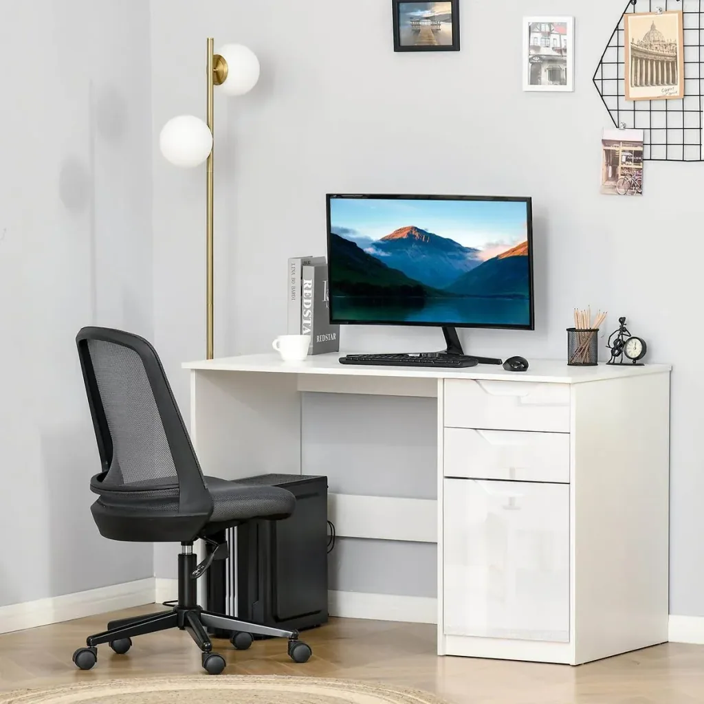 Schreibtisch Computertisch mit 2 Schubladen Schrank Arbeitstisch Bürotisch große Tischplatte Hochglanz Weiß 120 x 60 x 7