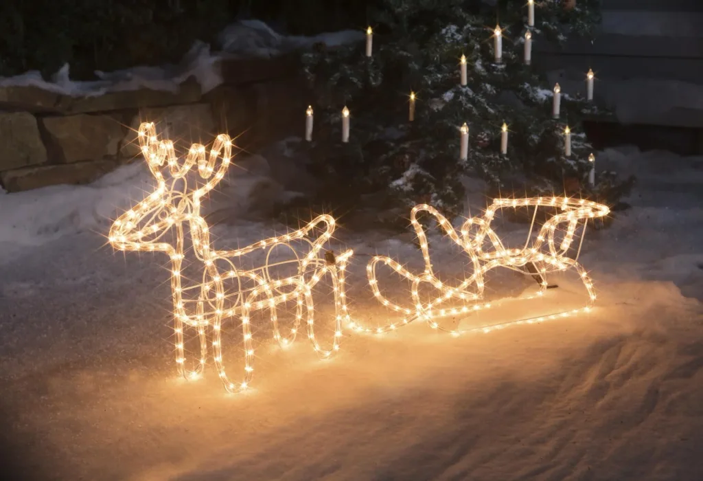 LED Rentier mit Schlitten, warmweiß