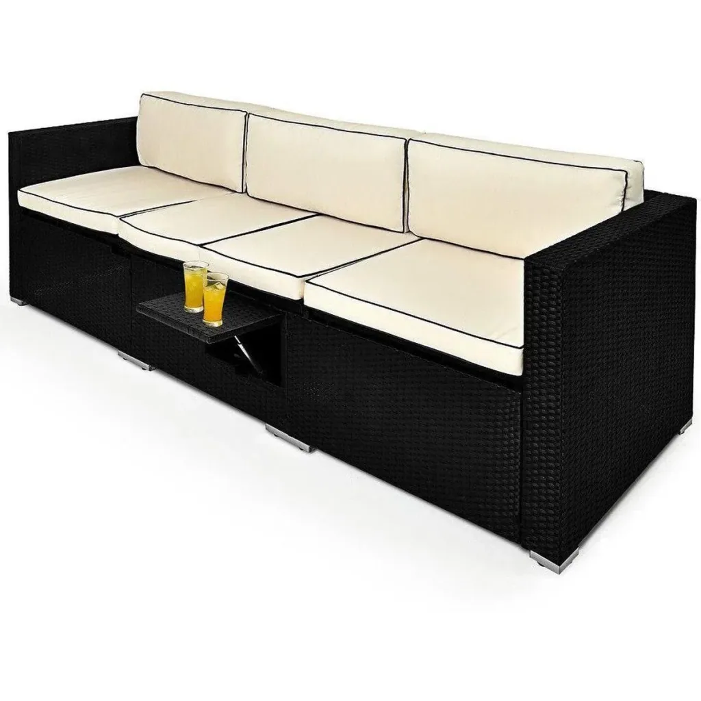 Polyrattan Sofa - Schwarz-Creme - 210x70x70Cm - Verstellbar
