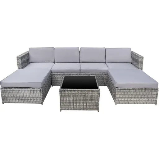 7-tlg, Polyrattan Gartengarnitur Gartenmöbel Garten-Set Loungeset inkl, Fußhocker Sitzkissen