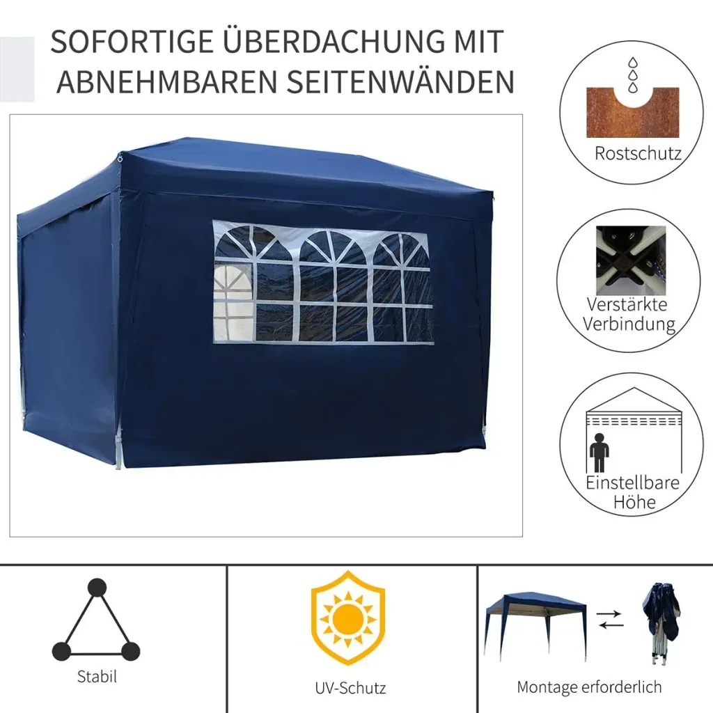 Pavillon 3x3m Faltpavillon 4 Seitenwände mit Fenster Tür mit Reißverschluss Festzelt Gartenzelt Pop-Up-Pavillon inkl. He