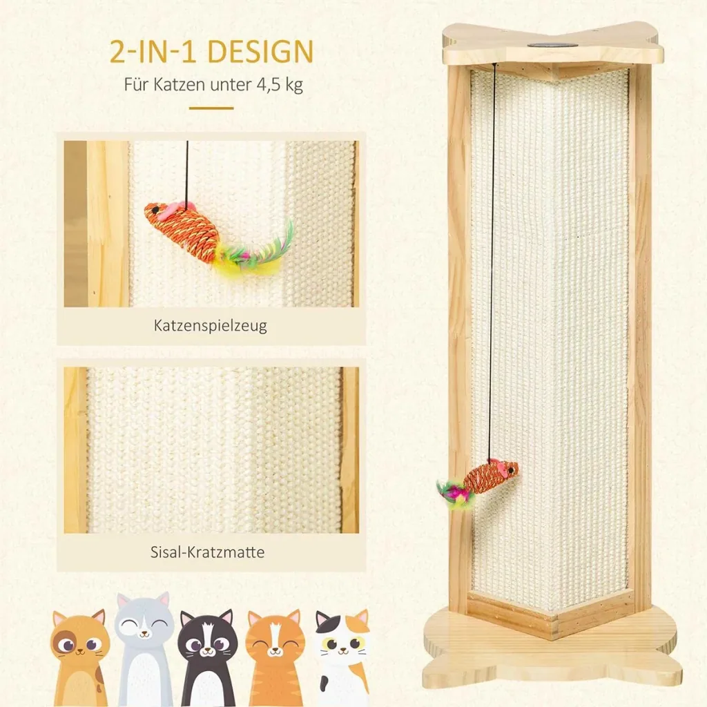 Eck-Kratzbrett Katzenkratzbrett für Wand oder Ecken 62 cm Höhe Wandkratzbrett mit hängendem Spielzeug Sisal Kiefernholz