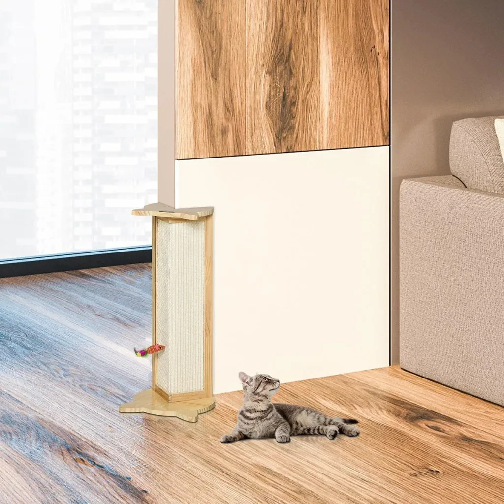 Eck-Kratzbrett Katzenkratzbrett für Wand oder Ecken 62 cm Höhe Wandkratzbrett mit hängendem Spielzeug Sisal Kiefernholz