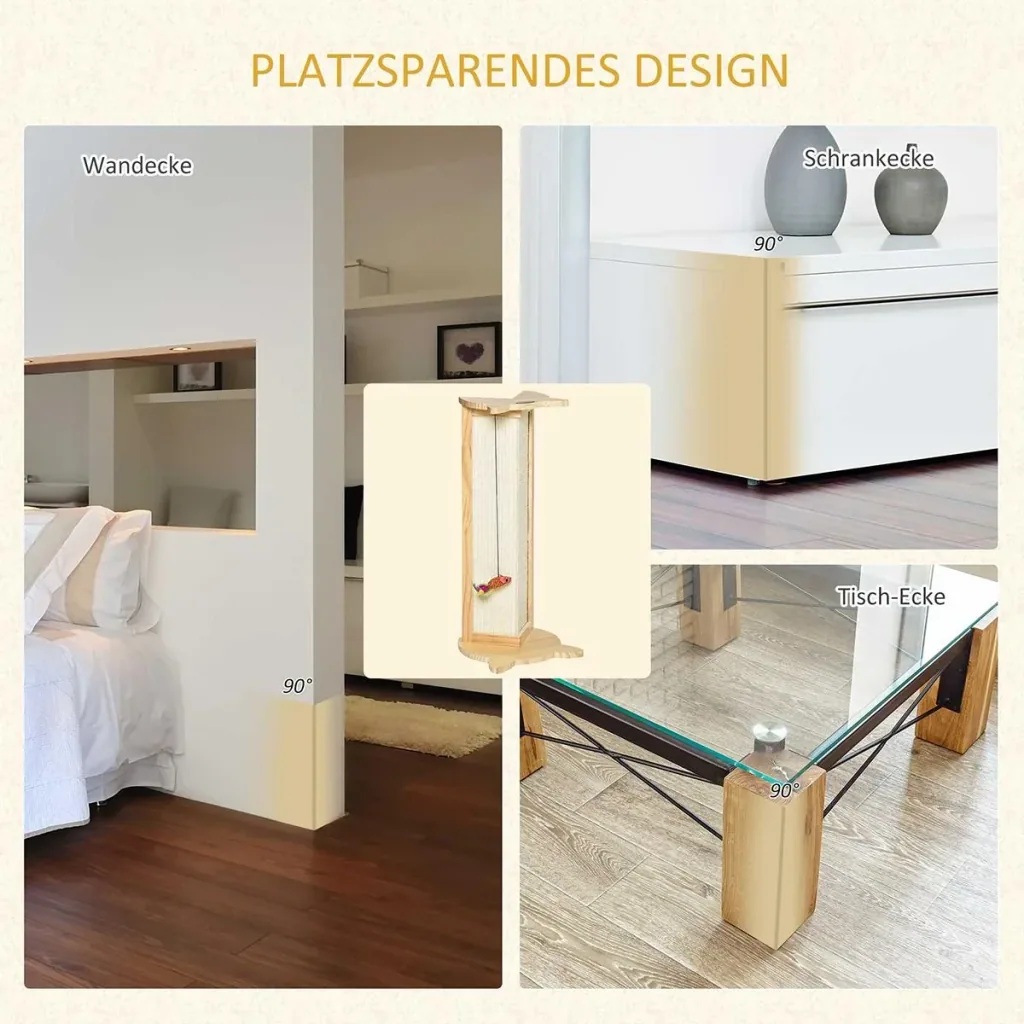 Eck-Kratzbrett Katzenkratzbrett für Wand oder Ecken 62 cm Höhe Wandkratzbrett mit hängendem Spielzeug Sisal Kiefernholz
