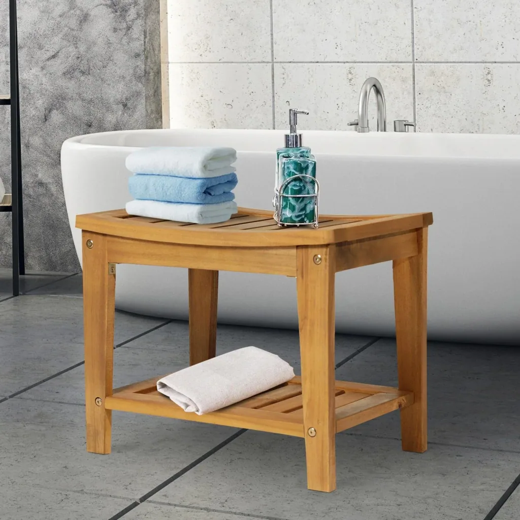 Duschhocker Badhocker Duschsitz Duschstuhl feuchtigkeitsbeständig Akazienholz Teak 53 x 35 x 43 cm