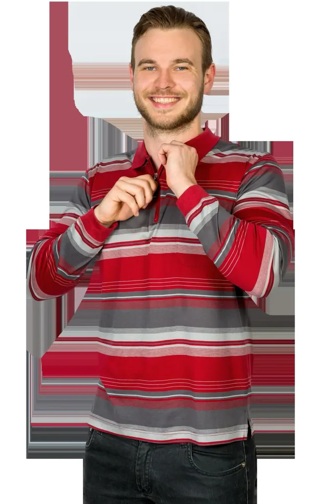 Poloshirt mit Reißverschluß, Farbe rot/gestreift, Gr.2XL
