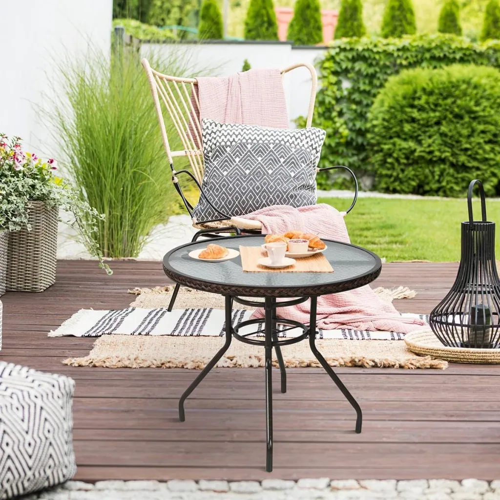 Rattan Gartentisch runder Esstisch Glastisch Gartenmöbel Tisch Polyrattan+gehärtetes Glas Braun Ø80 x 71H cm