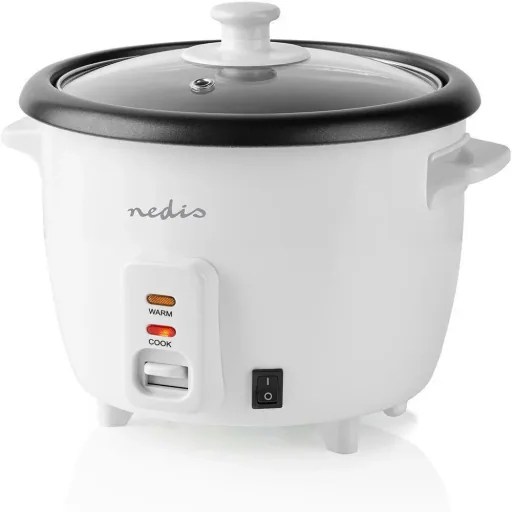 Nedis Reiskocher Abnehmbare Pfanne 1.5L Dämpfdorn Glasdeckel Inkl. Messbecher und Schöpfkelle 500W Weiß