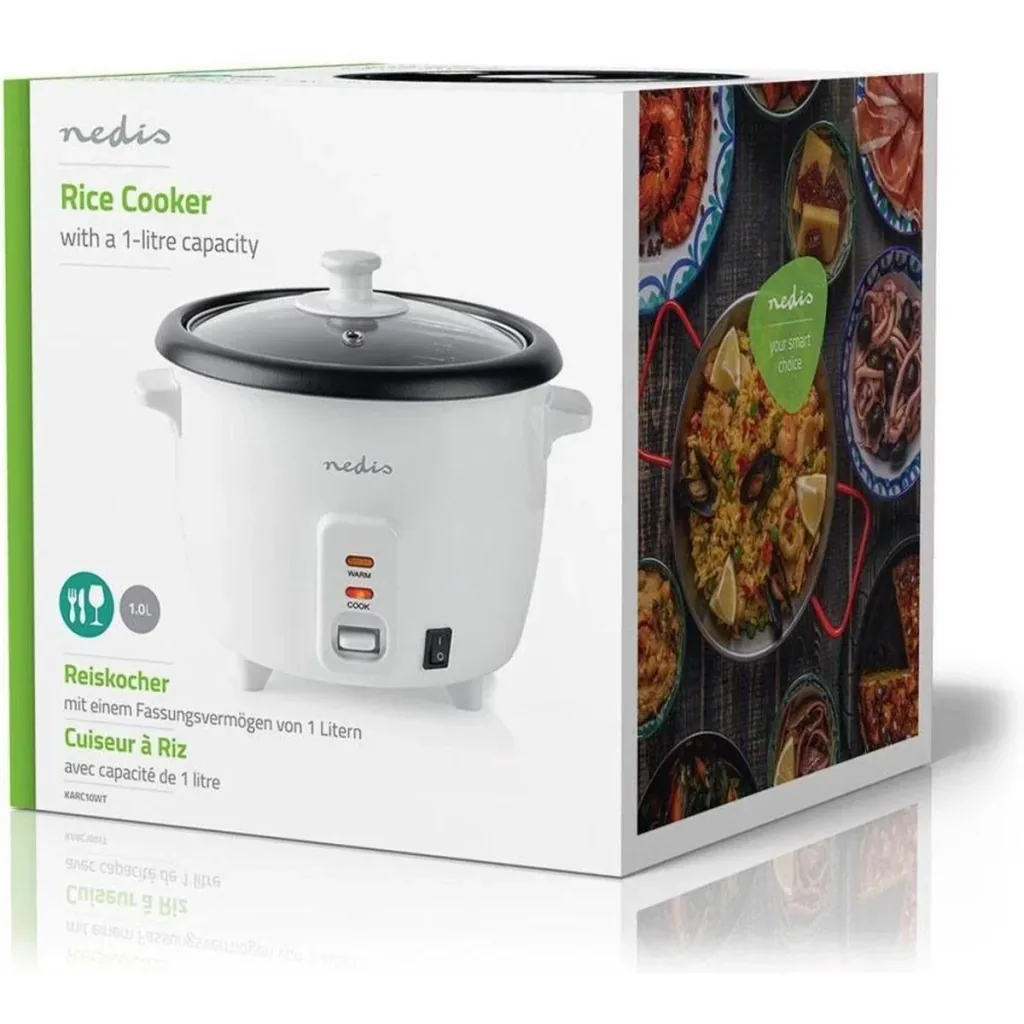 Nedis Reiskocher Abnehmbare Pfanne 1.5L Dämpfdorn Glasdeckel Inkl. Messbecher und Schöpfkelle 500W Weiß