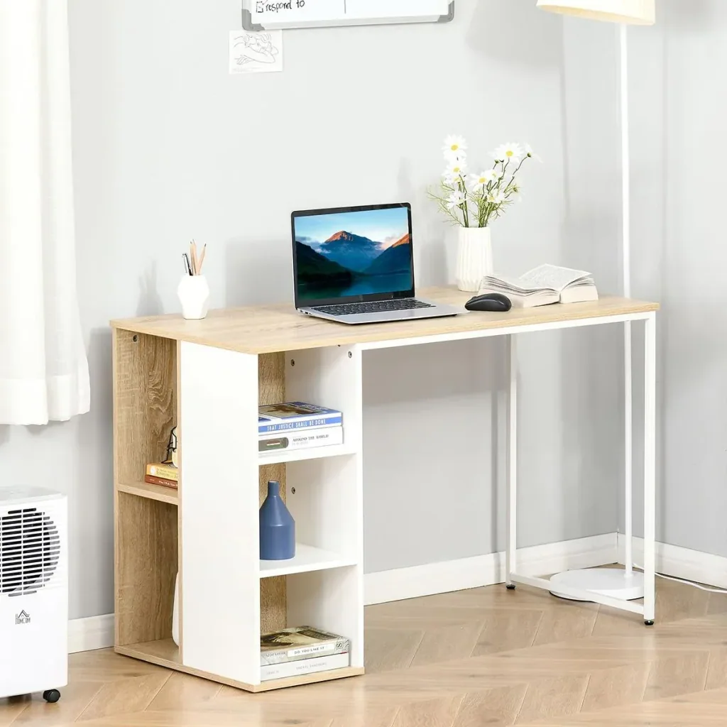 Schreibtisch Bücherregal Computertisch Bürotisch mit Regale großer Stauraum Spanplatte Metall Eiche+Weiß 115x 55x75 cm