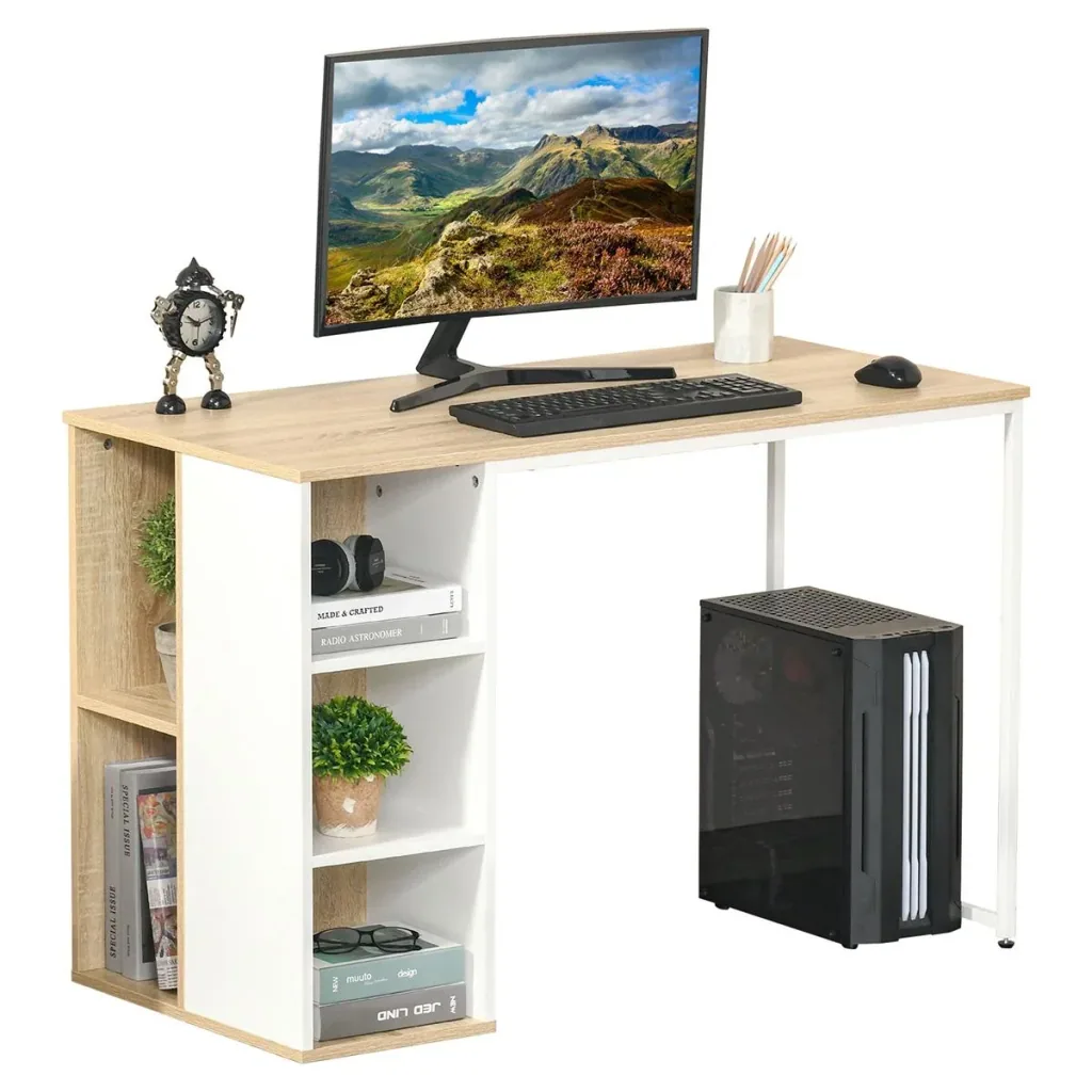 Schreibtisch Bücherregal Computertisch Bürotisch mit Regale großer Stauraum Spanplatte Metall Eiche+Weiß 115x 55x75 cm