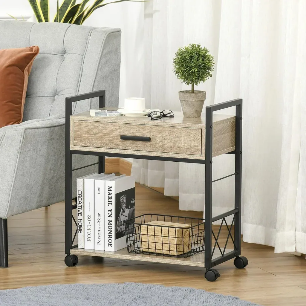 Beistelltisch Servierwagen mit Rädern Küchenwagen Kaffeetisch mit Schublade Ablage Sideboard beweglich Spanplatte Natur