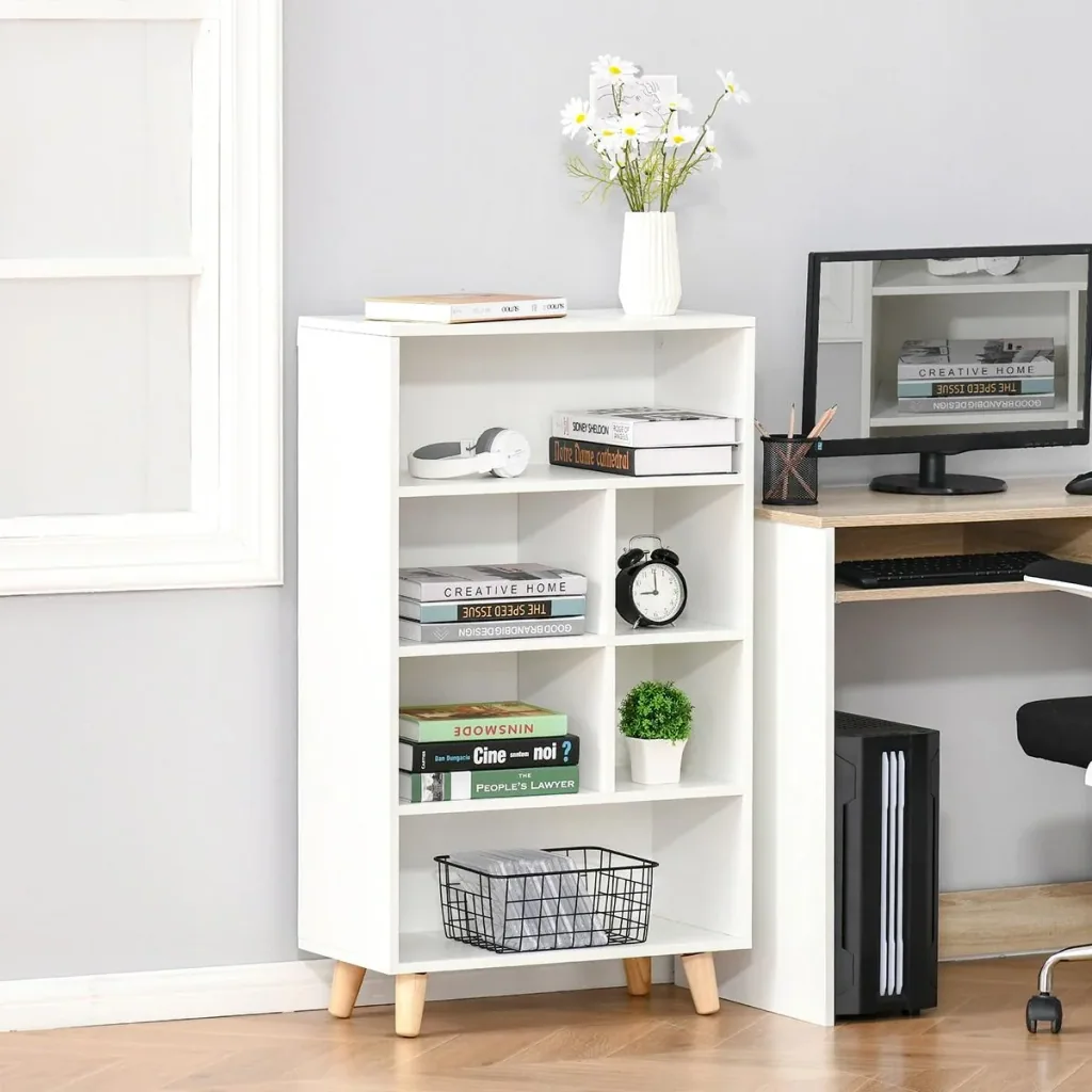 Bücherregal Wohnzimmerregal Bücherschrank Standschrank mit 6 Fächern Weiß+Natur MDF 60 x 30 x 103,3 cm mehrstöckiger