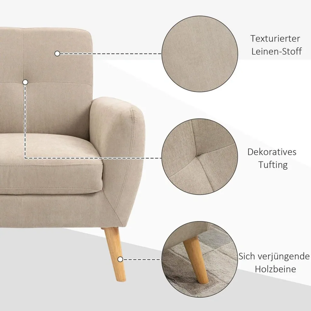 Polstersessel Sessel mit Armlehnen Wohnzimmerstuhl mit Armlehne Bürostuhl Polsterstuhl modern Leinen-Touch Holz Beige 8