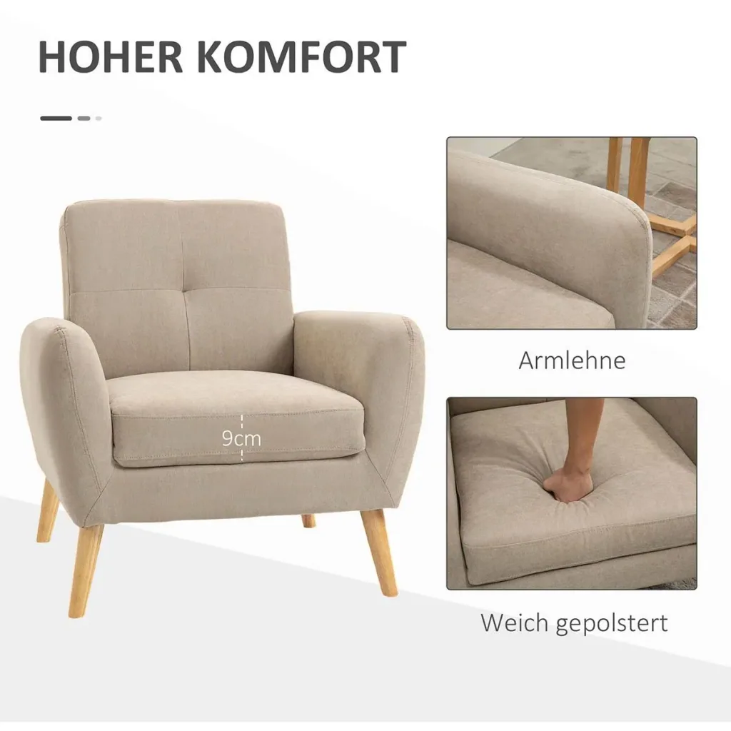 Polstersessel Sessel mit Armlehnen Wohnzimmerstuhl mit Armlehne Bürostuhl Polsterstuhl modern Leinen-Touch Holz Beige 8
