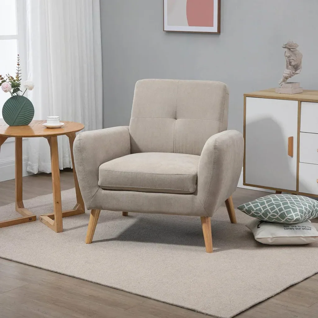 Polstersessel Sessel mit Armlehnen Wohnzimmerstuhl mit Armlehne Bürostuhl Polsterstuhl modern Leinen-Touch Holz Beige 8