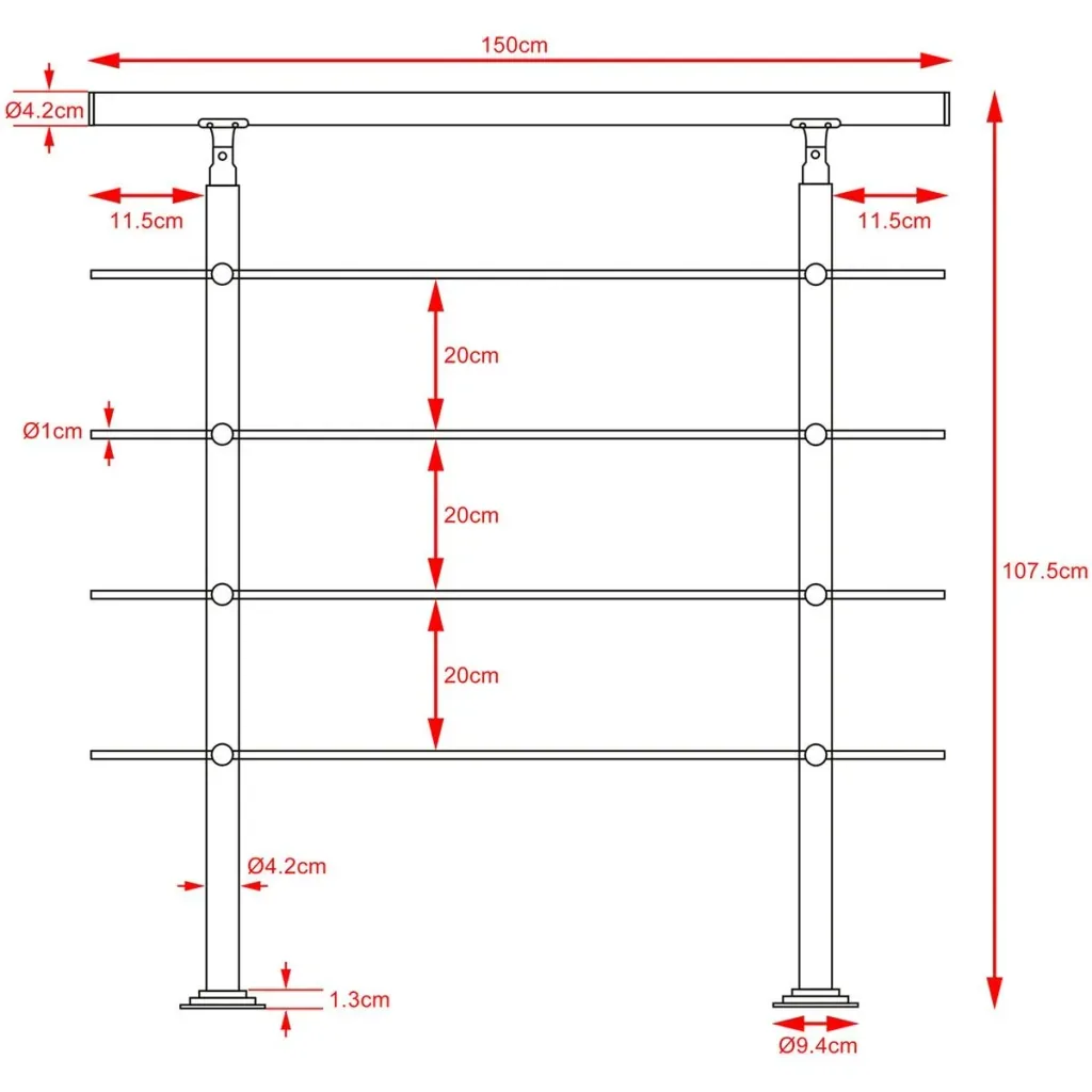 Geländer - Edelstahl - 150 cm - 4 Pfosten