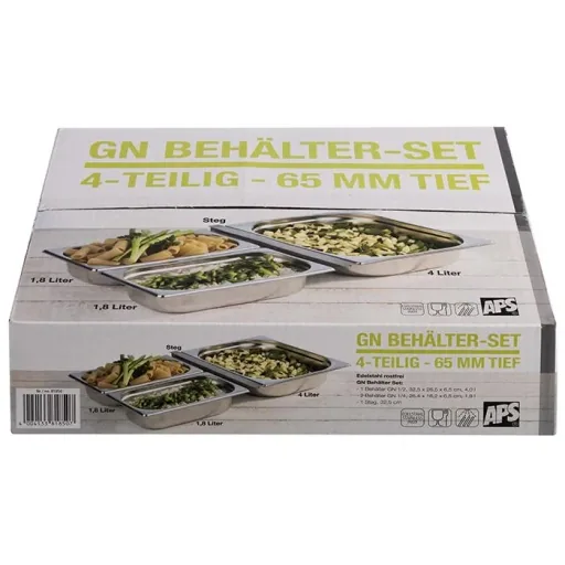 GN Behälter-Set, 4-teilig bestehend aus: Edelstahlbehälter 1x GN 1/2 + 2x GN 1/4 + 1 Adapter