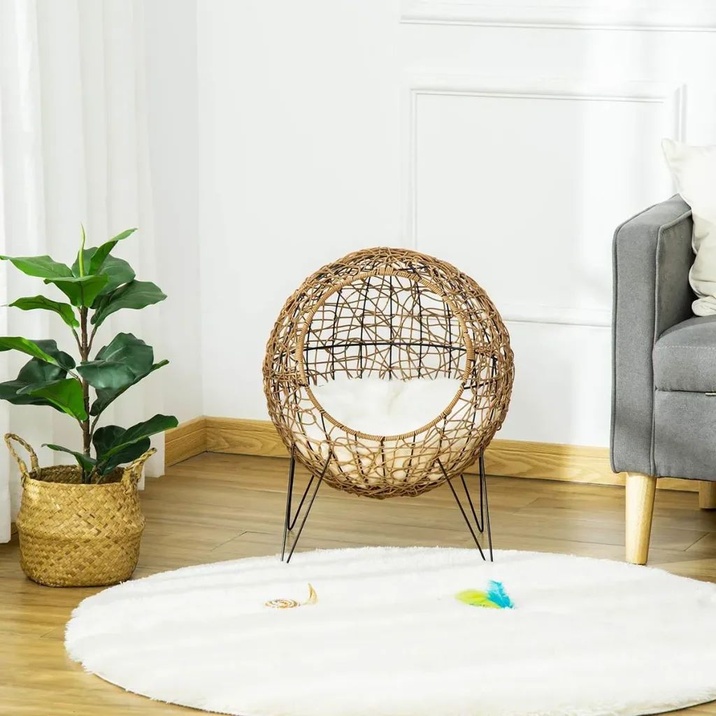 Rattan Katzenkorb Katzenhöhle Katzenhütte Katzenbett mit Kissen erhöhtes Design Haustierbett Braun Ø45 x 57H cm
