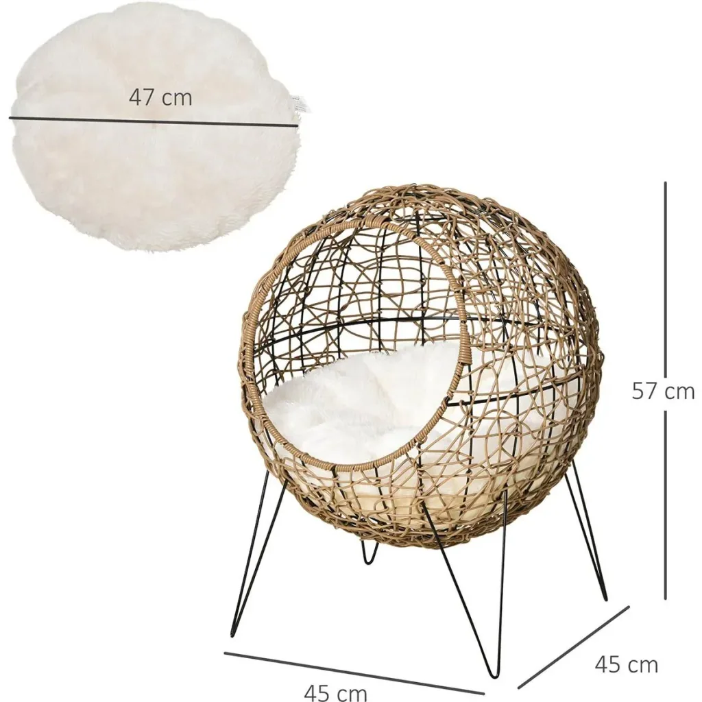 Rattan Katzenkorb Katzenhöhle Katzenhütte Katzenbett mit Kissen erhöhtes Design Haustierbett Braun Ø45 x 57H cm