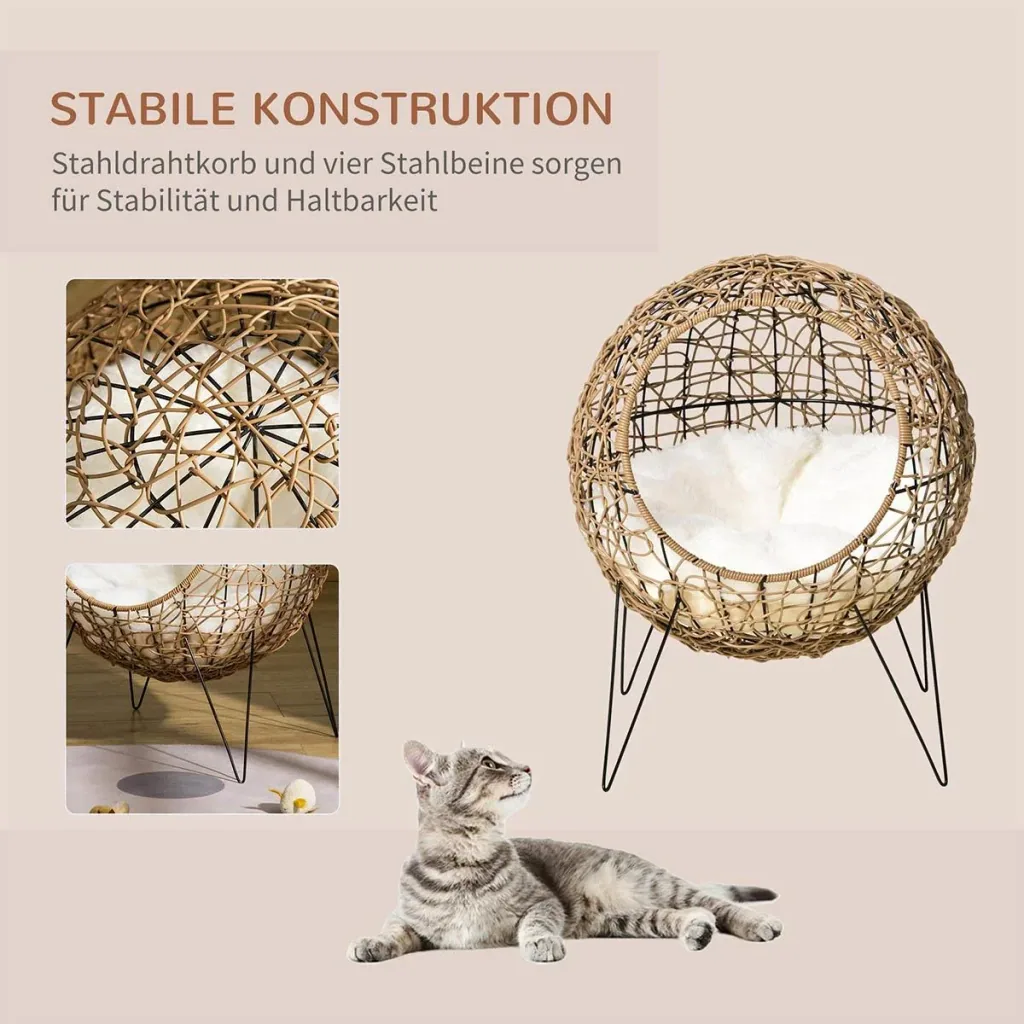 Rattan Katzenkorb Katzenhöhle Katzenhütte Katzenbett mit Kissen erhöhtes Design Haustierbett Braun Ø45 x 57H cm
