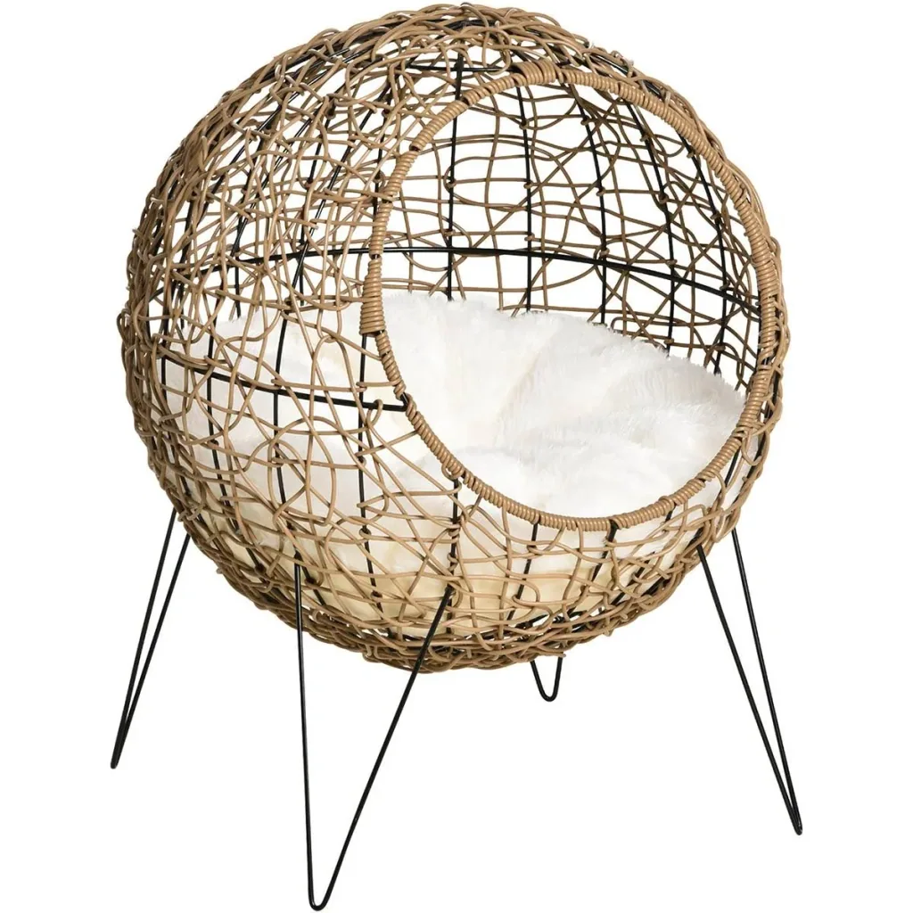 Rattan Katzenkorb Katzenhöhle Katzenhütte Katzenbett mit Kissen erhöhtes Design Haustierbett Braun Ø45 x 57H cm