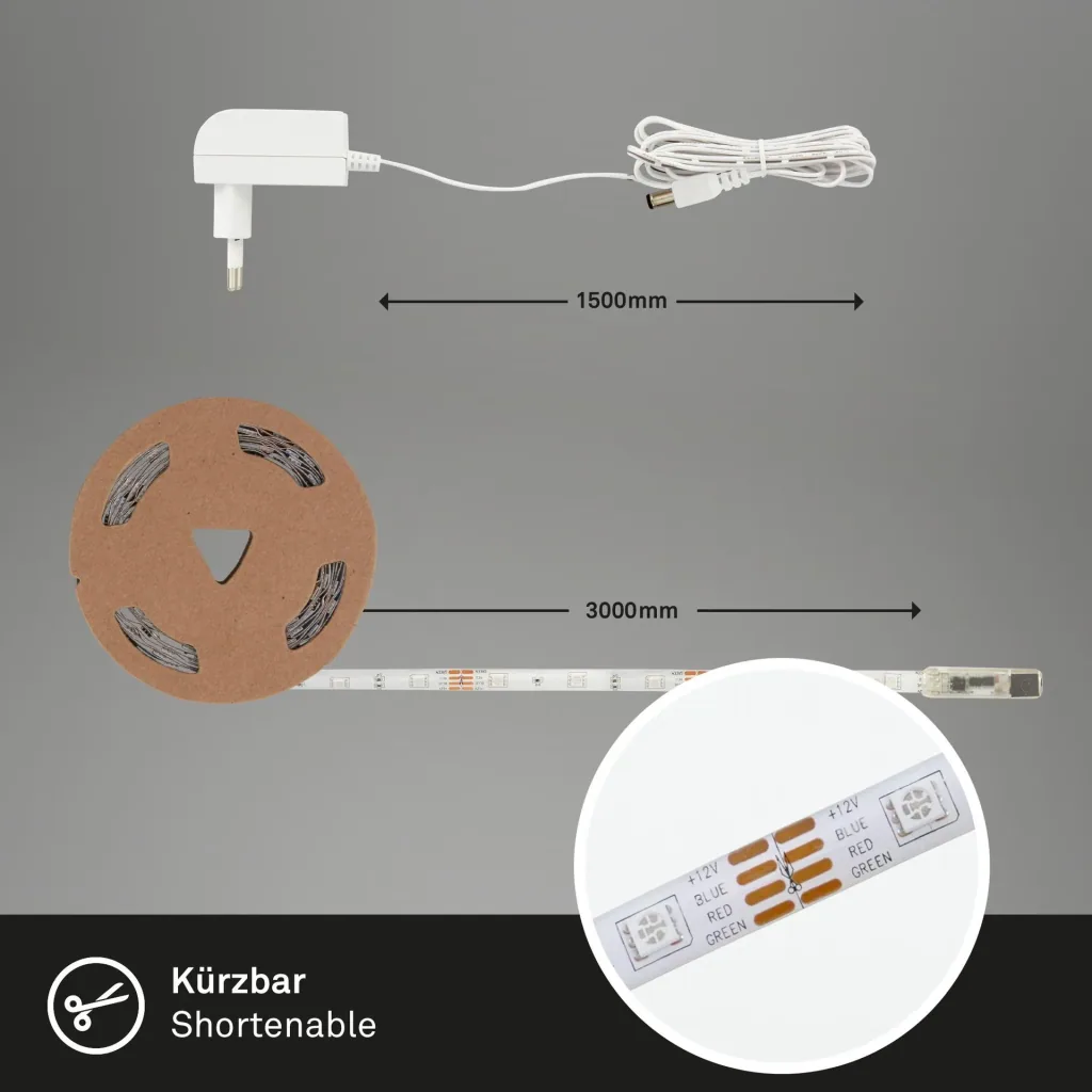 RGB-LED-Band, 3m, 90 RGB-LEDs, Netzgerät 1A, flexibel, selbstklebend, universell kürzbar