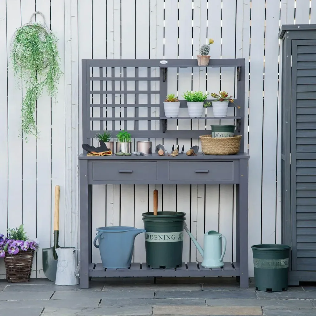 Pflanztisch Gartentisch mit 2 Schubladen Holzpflanzentisch für Garten Terrasse grau 105 x 42 x 141,5 cm