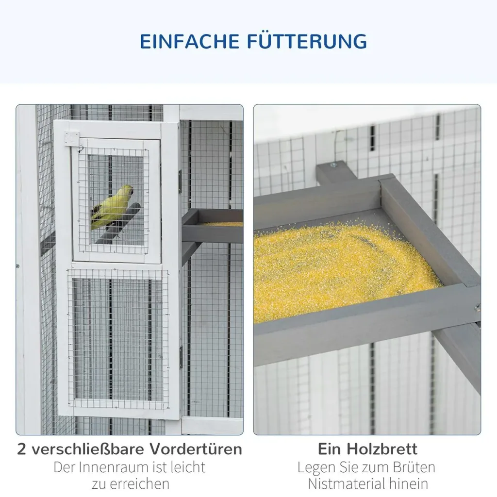 Vogelvoliere aus Holz Vogelkäfig mit Sitzstange Asphaltdach für Drinnen und Draußen Wasserdicht 112 x 68 x 154 cm