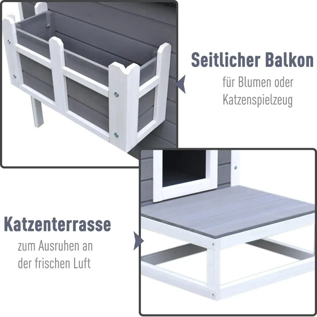 Katzenhaus mit Terrasse und Balkon grau/weiß