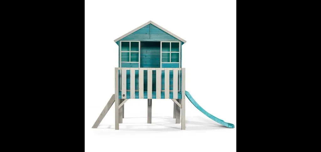 Holz Spielhaus Boathouse auf Stelzen, Outdoor-Spielhaus für Kinder aus Holz, Spitzdach, Rutsche, Leiter, türkis