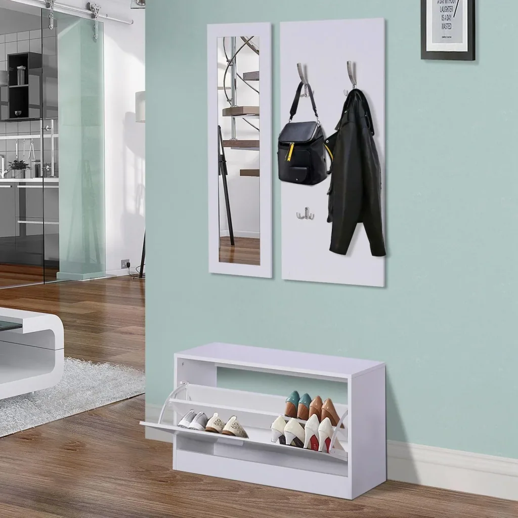 3-teiliges Garderoben-Set Flurgaderobe mit Schuhschrank Garderobe Wandspiegel 4 Haken Weiß 30 x 100 cm