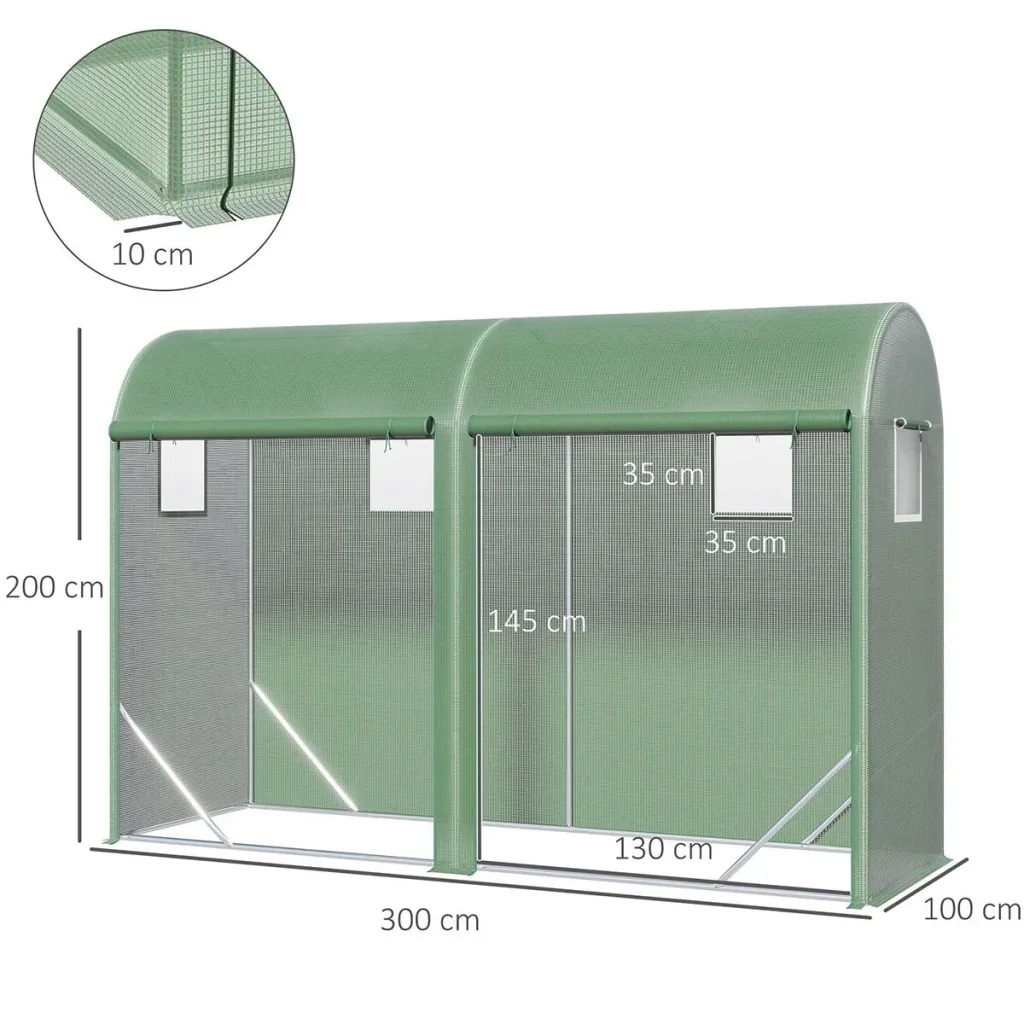 Foliengewächshaus Tomatengewächshaus Treibhaus Folientunnel Frühbeet 4 Fenster und 2 Türen Grün Stahl PE-Kunststoff 300