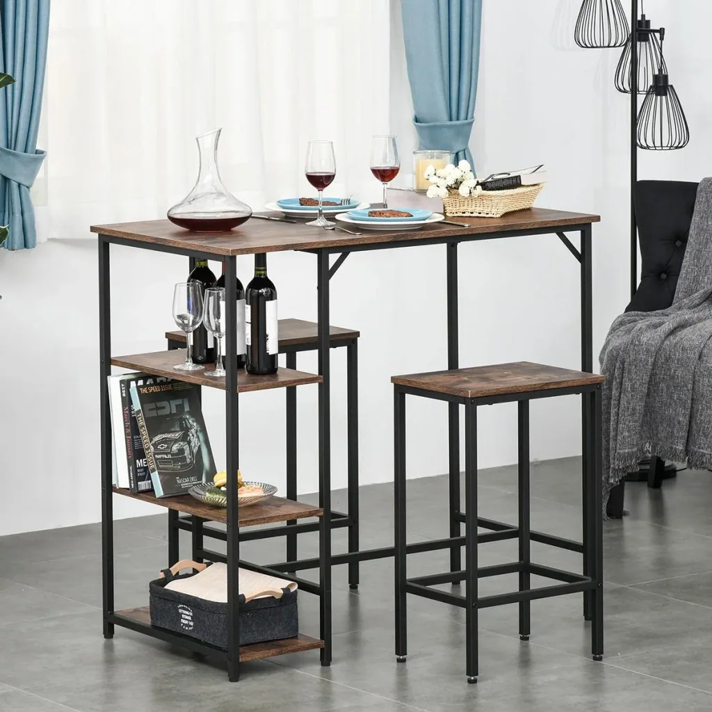 Bartisch-Set Stehtisch mit 2 Barhockern 3-teiliges Tischset Küchentresen mit Regale Spanplatte Stahl Rustikales Braun+Sc
